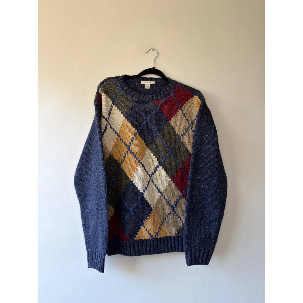 Vintage Argyle Crewneck Sweater Mens Large Navy Blue Multicolor Knit Pullover